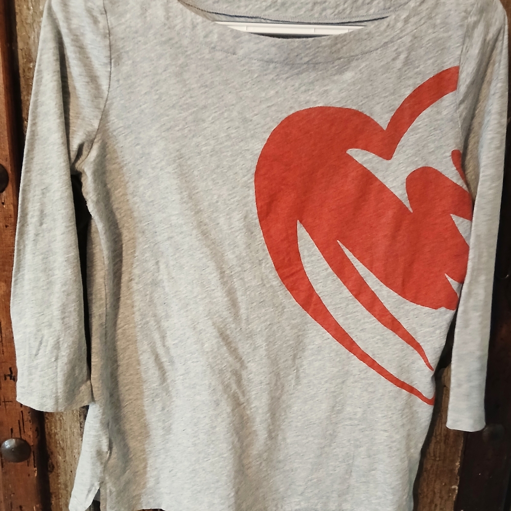 LOFT Gray and Red Long Sleeve Tee with Heart Design